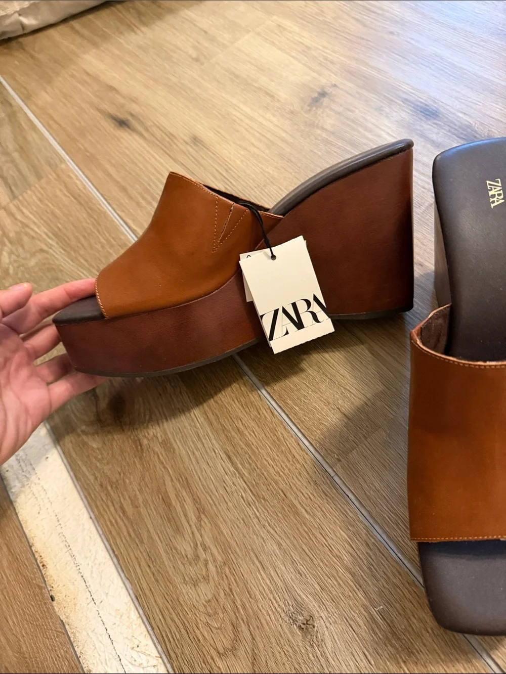 Zara Tan Leather Platform Wedge Slide Sandals